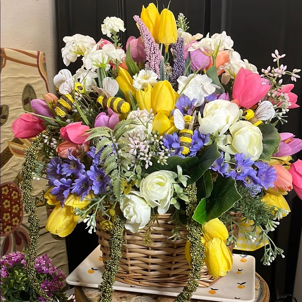 Handmade Floral Basket Door Hanger with honeybee accents